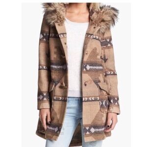 BB Dakota Tan Patterned Coat with Faux Fur